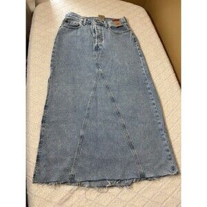 NWT Levis Women’s Blue Denim Maxi Skirt 1/2 Sided Embroidered Slit Size 30